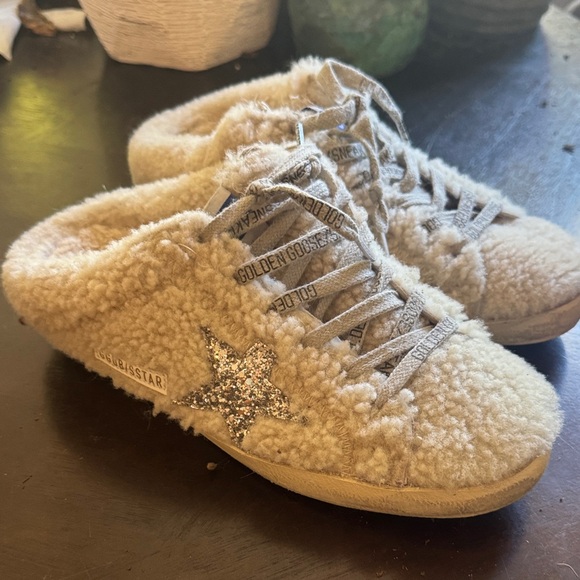 Golden Goose Shoes - Golden Goose Cream Fuzzy Mules with Silver Star